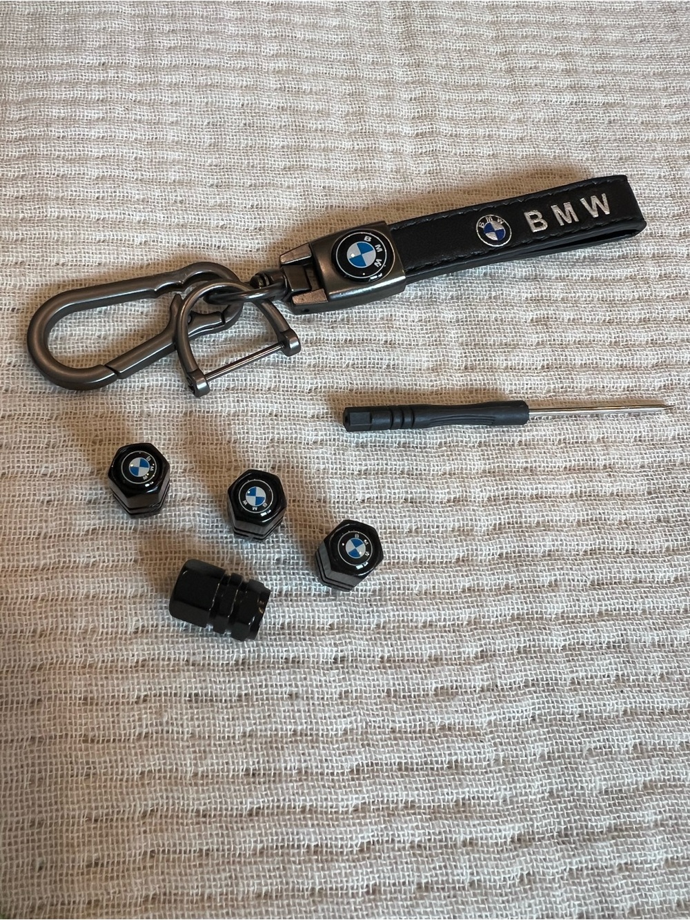 BMW Keychain Leather Carabiner + Screwdriver Tool + 4 Black Tire Valve Caps Set